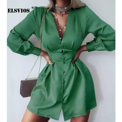 Women Spring Solid Buttons Mini Dress Office Lady Sexy Deep V Neck Shirt Dress Elegant slim long sleeve Party Dress dropshipping