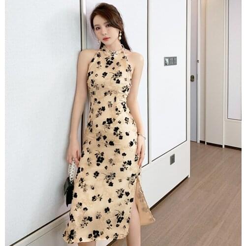 Fashion Summer Chinese Style Floral Mesh Embroidery Midi Party Dress Ladies Elegant Robe Vintage Sexy Halter Split Beach Dress
