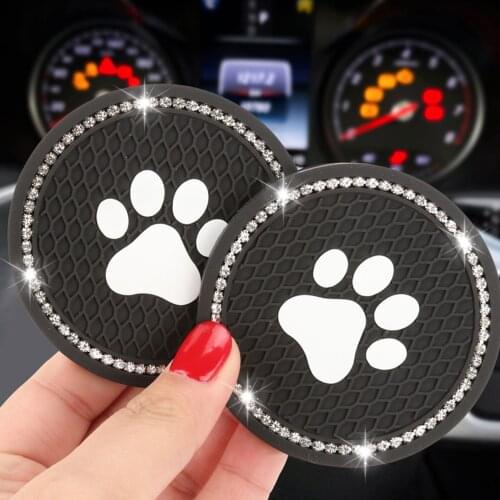 2pcs Car Coaster Cat Paw Water Cup Bottle Pad PVC Non-slip Detachable Vehicle Cup Mat With Diamonds For Auto Interior Accessory