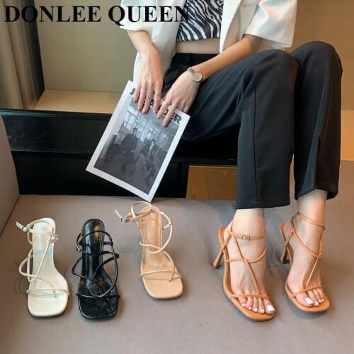 2021 Fashion Brand Sandals Women High HeelsAnkle Strap Gladiaror Sandals Narrow Band Back Strap Sandal Summer Shoe zapatos mujer