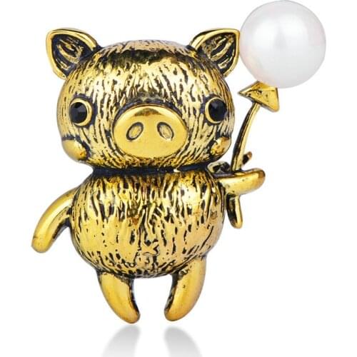 Blucome Cute Pig Shape Brooch Antique Gold Color Simulated Pearl Accessories Women Girl Children Animal Badge Jewelry Lapel Pin