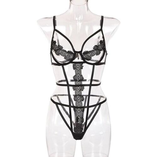 Exotic Underwear Set for Women Sex Lingerie Set Perspective Lace Halter Bralette Open Bra Open Crotch Panties Sexy Lingerie