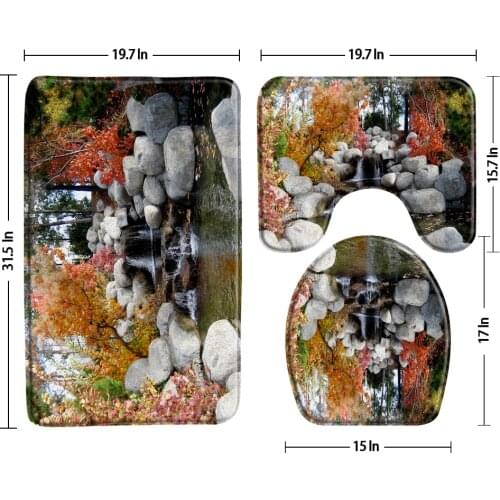 Forest Waterfall Garden Bath Mat Non-Slip 3 Piece Bathroom Decor Set Rugs Home Carpet Toilet Cover Lid Cushion Set U-Shaped Pad