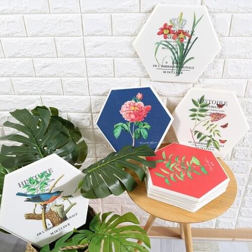 Creative wall stickers hexagonal plant leaves fresh pastoral decorative painting stickers art wall flower and bird combination