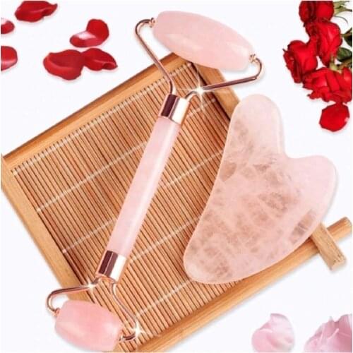 Pink Quartz Gua Sha Stone Massage Tool And Face Roller 2'li Set Natural Stone Face Scraping Plate Face Body Massager face Lift Jawline