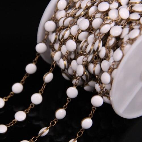 White Lampwork 6mm Flat Round Beaded Copper Rosary Chains,Enamel Glass Coin Beads Links Chain Choker Necklace Crafts Jewelry