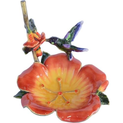 Hummingbird with flower design metal jewelry holder display ring dish