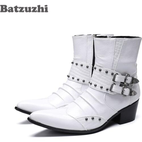 Western Cowboy Men Boots 6.5cm Heels White Genuine Leather Punk Style Iron Pointed Toe Military Motorcycle High Top Botas Hombre