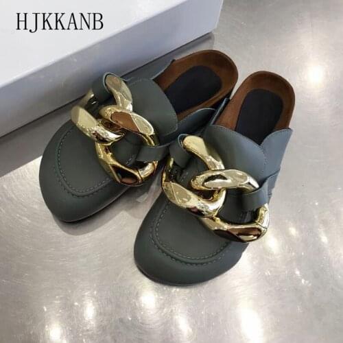 New Real Leather Big Gold Chain Flat Platform Slippers Thick Sole Casual Mules Fashion Outdoor Comfortable Slides Unisex Size 44