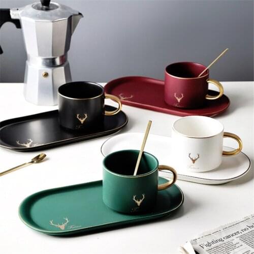 Creative Ceramic Coffee Cup and Saucer Set Matte Phnom Penh Dessert Plate European Milk Mug with Spoon Breakfast Cup Drinkware