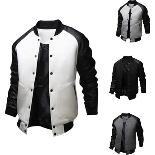 Autumn Men Long Raglan Sleeve Color Block Varsity Jacket Buttons Pocket Coat