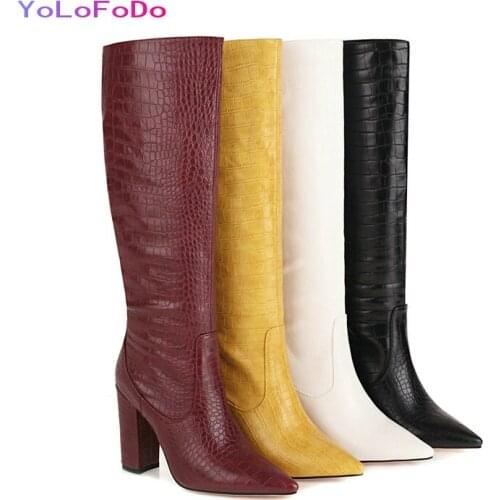Plus Size 34-45 Women Knee High Boots Faux Leather Fashion Pointed Toe Calf Boots Autumn Winter Square High Heel Boots Yellow