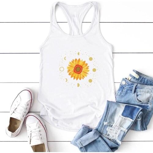Sunflower Surrounded By Stars and Moons Printed Tanks Tops Women Summer Vest Tops Women Sexy O Neck Camiseta Tirantes Mujer