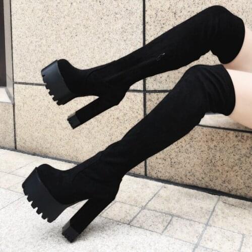14Cm Super High Heels Over-the-Knee Boots Winter New Long Boots Flock Square Heel Stovepipe Stretch High Tube Boots Womens Boots