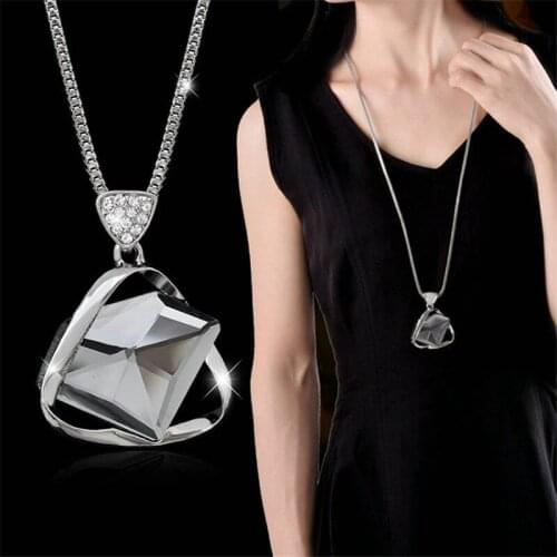 Vintage Crystal Necklaces & Pendants For Women Fashion Silver Geometric Triangle Long Necklace Sweater Chain Collier Femme