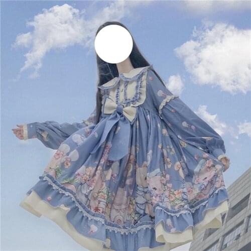 Japan Sweet Women Cute Dress Lolita Kawaii Print Soft Girl Lace Ruffle Babydoll Collar Long Sleeve Princess Cosplay Pink Dresses