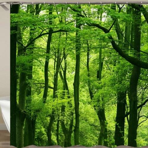 Bathroom Shower Curtain Green Forest Birch Trees Bath Curtains 3d Print Waterproof Polyester Cloth With Hooks Home Bath Curtain