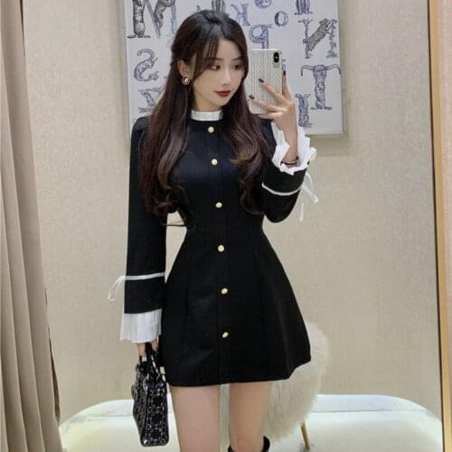 Women Elegant Black Dress Female Plus Size Women Clothing 4XL French Style Long Sleeve White Stitching Dresses