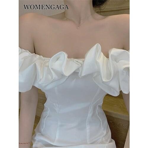 WOMENGAGA Autumn Strapless Sexy Night Show Slash Neck Chest Big Slim Hip Wrap Ruffle Mini Dress Women QSRP