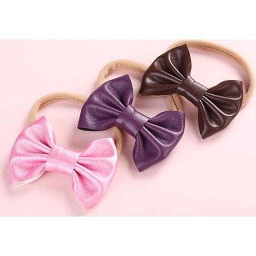 Soft PU leather baby bow headband cute children girl super soft knitted rubber band hair band hair accessories 1pcs