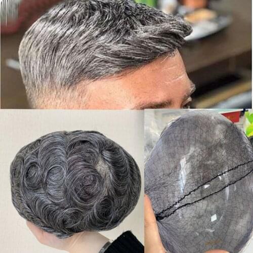 8*10 Mixed Grey Color Mens Hair Systems Human Hair Toupee Hair Pieces Super Thin Skin Toupee Replacement Hairpiece
