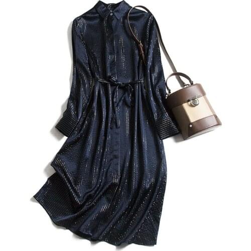 Glittering 19 mm satin silk dress womens long sleeve temperament Lapel silk shirt skirt