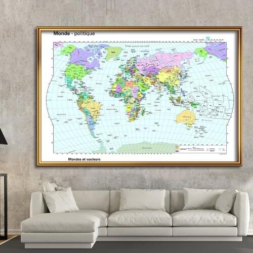 225x150cm The Political World Map In French Large Non-woven Canvas Painting School Supplies Detailed Poster Home Decoration