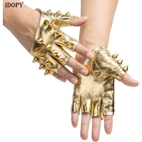 Idopy Men`s Women`s Rivet Faux Leather Half Glove Multi Colors Dancing Rock And Roll Jazz Cosplay Party Studded Glove