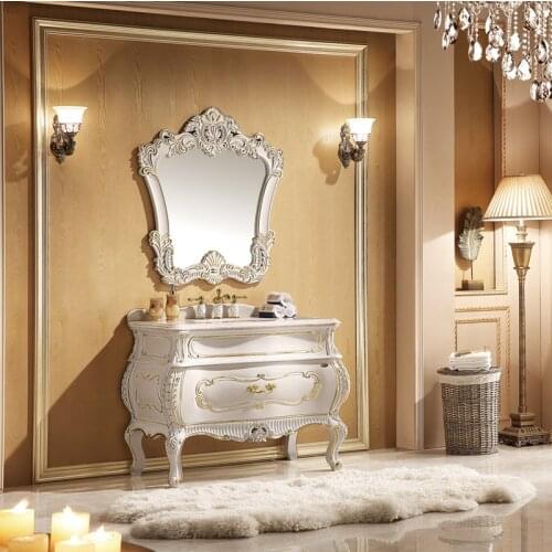 White Bathroom Cabinet with Natural Marble Solid Oak Wood Bathroom Vanity