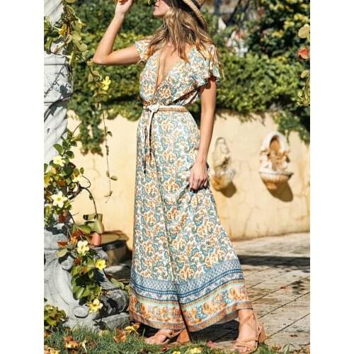 Happie Queens women Boho Bodysuits floral print lace-up elestic waist short sleeve v-neck bohemian rayon Playsuits Jumpsuit