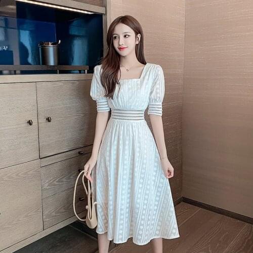 Lace Square Collar Hollow Out High Waist Short Sleeve White Midi Dress Women Summer Elegant Slim Party Sundress Female Vestidos