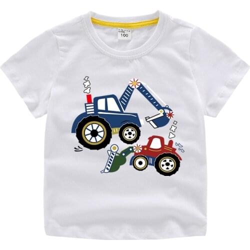 Summer Short-sleeved Boy Baby New Cartoon Digging Machine Printing Half-sleeved Shirt Childrens Short-sleeved T-shirt Clothes