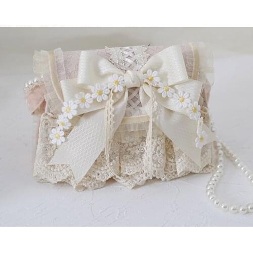 Lolita Lace Bag Pearl Chain Purse Daisy Large Bowknot Handbag Sweet Tea Party Metal Shoulder Bag Kawaii Girls Cute Accessory