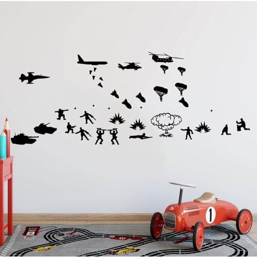 Biplane Solider Militar Wall Decal Cartoon Army Troops Helicopte Tanks Solider Wall Sticker for Kids Room Nursery Decor B376