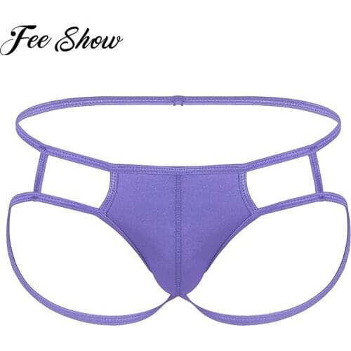 Gay Men Bulge Pouch Underwear Hollow Out Open Butt Jockstrap T-back G-string Elastic Low Rise Thongs Sexy Bikini Briefs Swimwear