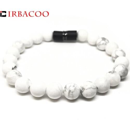 IRBACOO 2020 New Trendy Men Bracelet Cubic Zirconia Stopper White Marble Beaded Bracelet For Men Jewelry