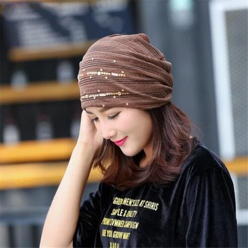 2021New Fashion Rhinestones Lace Breathable Hedging Hat Muslim Solid Color Knitted Skull Beanies Women Autumn Winter Cap