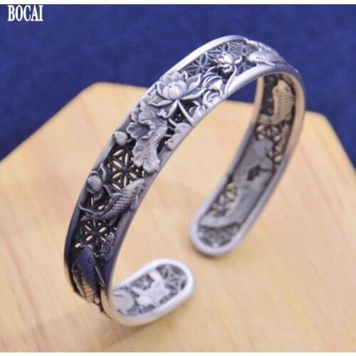 BOCAI New Pure s999 Silver Antique Hollow Design Fish Play Lotus Bracelet for Woman Auspicious and Good Luck Gifts for Mother
