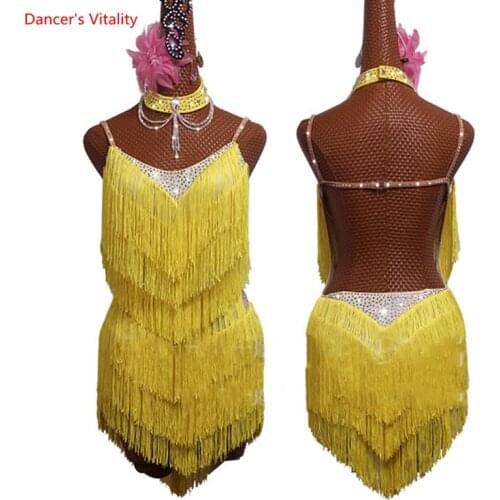 New Latin Dance Dress Yellow Fringe Dress Sexy Backless 2020 Salsa Dress ChaCha Rumba Competition Dancing Dress Women