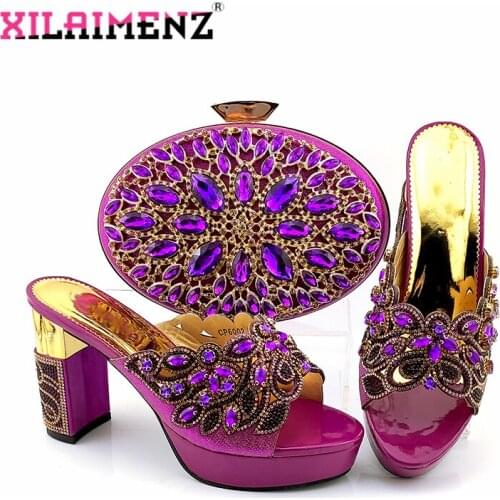 2020 Elegant Style New Arrivals Italian Ladies Shoes Matching Bag in Purplel Color Comfortable Heels with Platform for Wedding