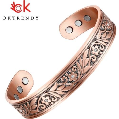 OKtrendy Brand Crystals Copper Bangles Flower Carving Bracelets Couple Luxury Jewelry Magnetic Cuff Bangles For Women Gift