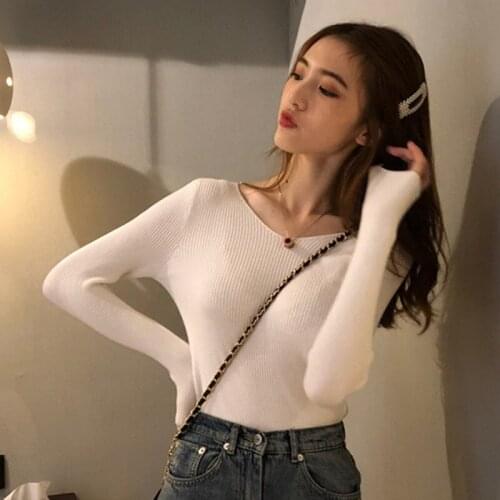 Autumn Winter V-Neck Solid Bottoming Sweater Pullover Women Female Knitted Sweater Slim Long Sleeve Bodycon Sweaters