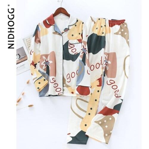 Womens Cotton Pajamas Autumn Long-Sleeved Trousers Sleepwear Turn-down Collar Printing Pijamas Casual Large-Size 2 Piece Set