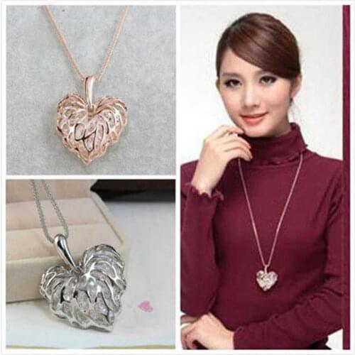 Hollow Gold Color Leaves Heart Shaped With Sparkling Zircon Sweater Chain European And American Long Necklace