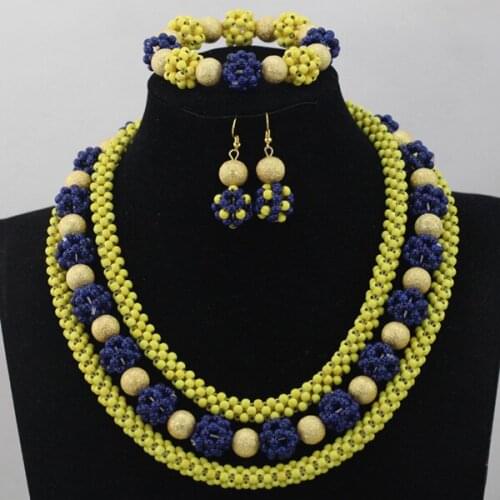 Chaming Yellow Costume African Beads Jewelry Set Handmade Royal Blue Bead Fashion Chunky Necklace Set Free Ship QW180