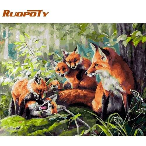 RUOPOTY Oil Paint By Numbers Kits 60x75cm Framed Six Fox Animal Painting By Number Acrylic Pigment Coloring On Canvas Wall Arts