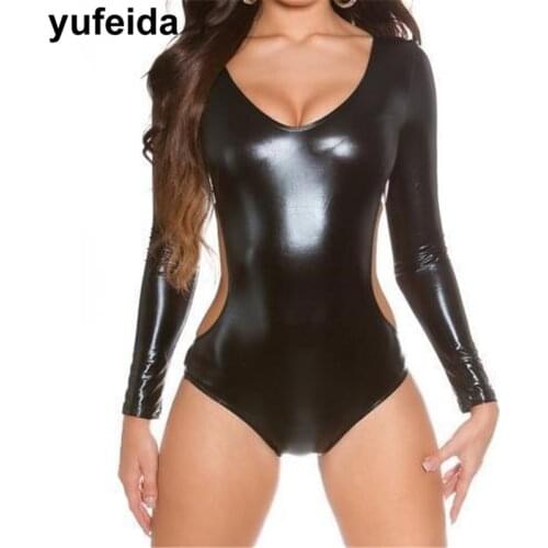 Faux Leather Sexy Women Bodysuits Long Sleeve Skinny Jumpsuit Playsuit Backless Overalls Party Night Clubwear Dancewear Briefs