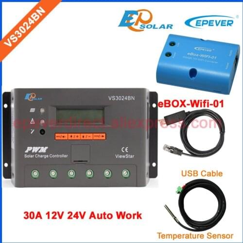 PWM 12V/24V LCD Voltage VS3024BN 30A Solar Controller Battery PV cell panel charger Regulator USB cable and sensor eBOX-Wifi-01