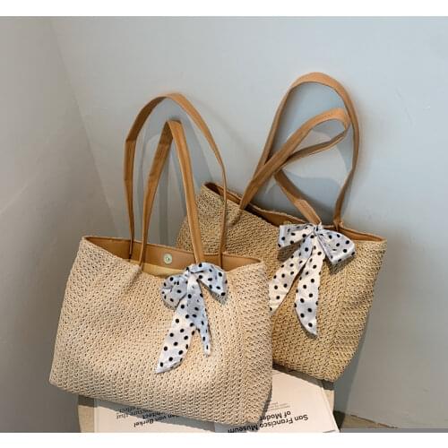 Elegant Women Bowknot Top-handle Bag Large Capacity Ladies Travel Beach Tote Simple Fashion Girls Straw Shoulder Underarm Bags