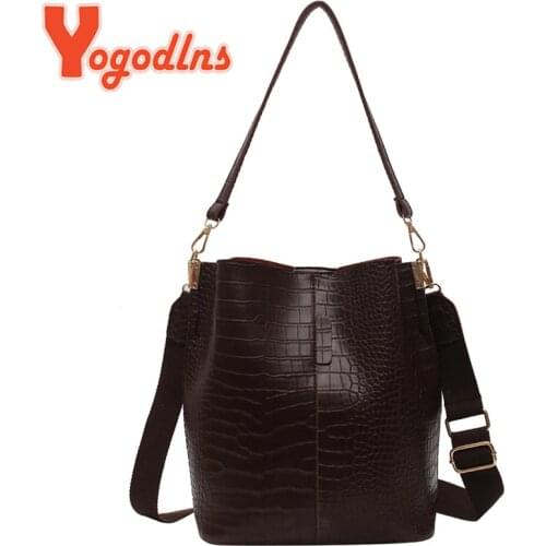 Yogodlns Crocodile Pattern style for Women Pu Leather Shoulder Bags Large Size Bucket Bags Retro Wide Strap Shoulder bag